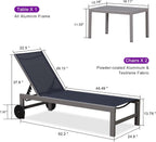 PURPLE LEAF Patio Lounge Chair Set for 2, All Weather Aluminum, Navy Blue | Powder-coated aluminum holds 270 lbs, quick-dry Textilene mesh, 5-position flat recline, smooth wheels, included side table