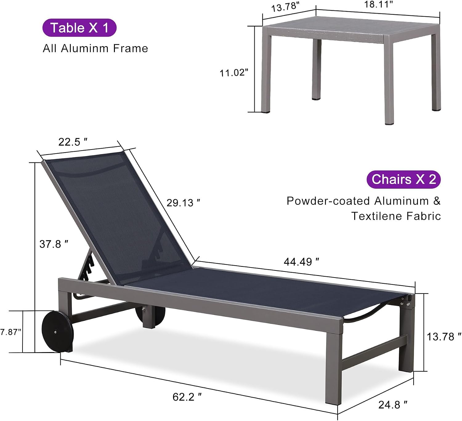 PURPLE LEAF Patio Lounge Chair Set for 2, All Weather Aluminum, Navy Blue | Powder-coated aluminum holds 270 lbs, quick-dry Textilene mesh, 5-position flat recline, smooth wheels, included side table