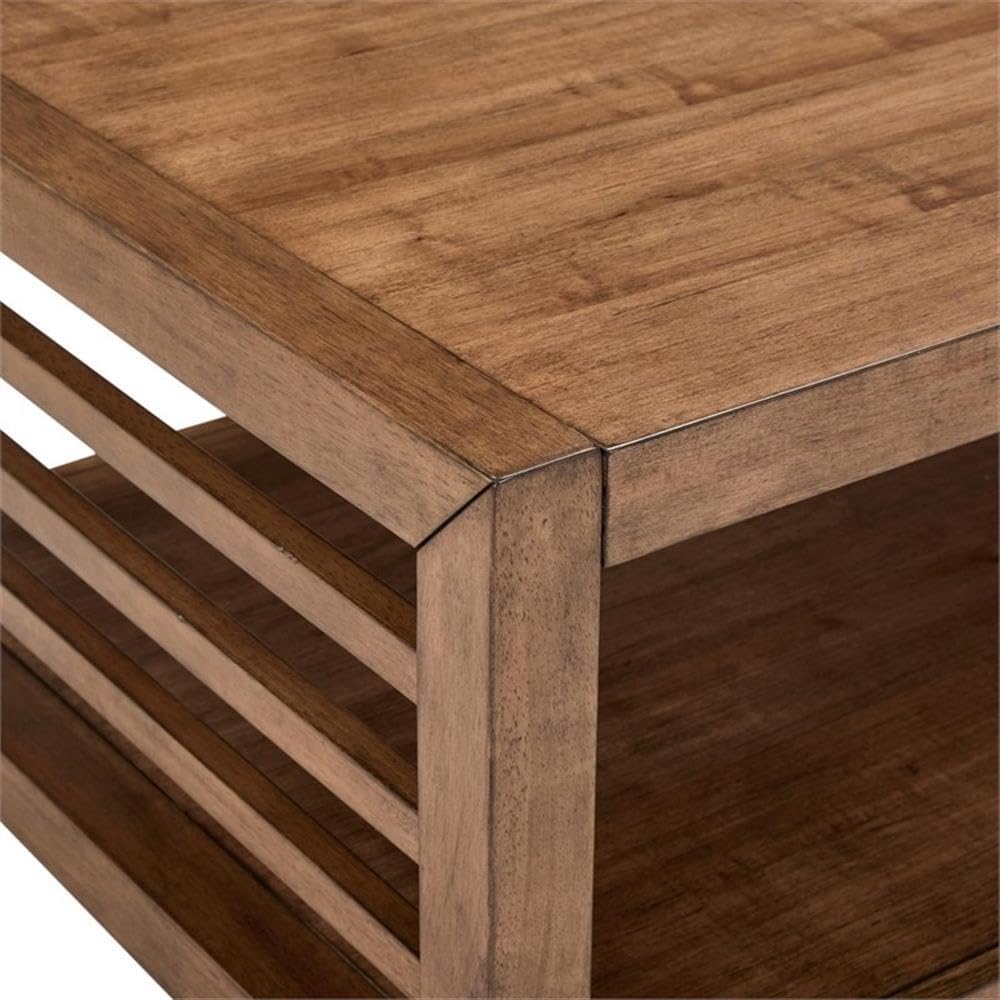 Pemberly Row 3-Piece Living Room Table Set, Harvest Brown Wood Finish, Poplar and Maple Veneers, Includes Cocktail Table with Casters and 2 End Tables, Shaker Style, Storage Shelves for Living Room