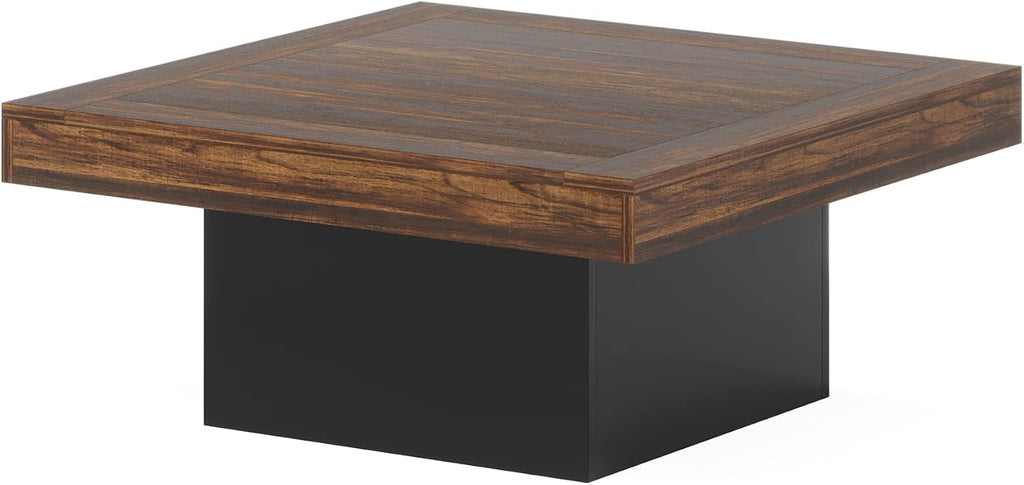 Tribesigns 35.4-Inch Square Coffee Table with LED Light, Modern Wood Coffee Table, Large Center Table for Living Room, Rustic Brown & Black