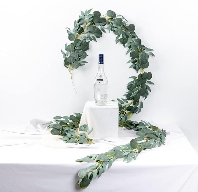 Kisflower 5 Pack 6.56FT Green Eucalyptus Garland for Decoration Table with Willow Leaves Greenery Garland Fake Hanging Plants Vines for Wedding Arch Decor Party Room Home Garden Office Wall Decor