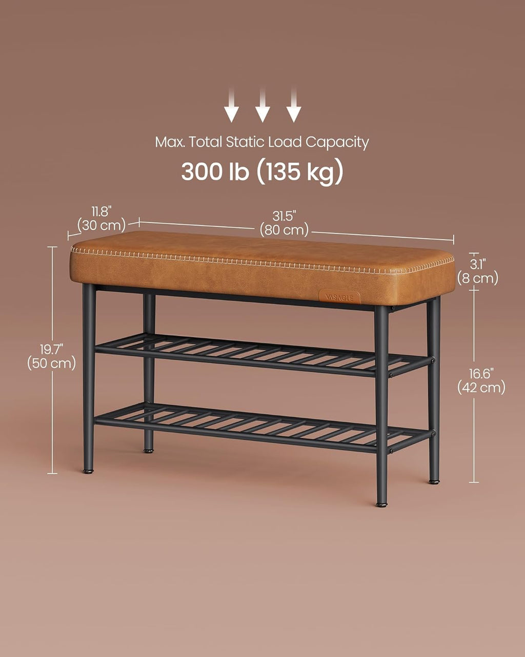 VASAGLE EKHO Collection - Shoe Rack Bench, Storage Bench for Entryway, Synthetic Leather with Stitching, Mid-Century Modern, Loads 300 lb, 11.8 x 31.5 x 19.7 Inches, Caramel Brown ULSB054K01