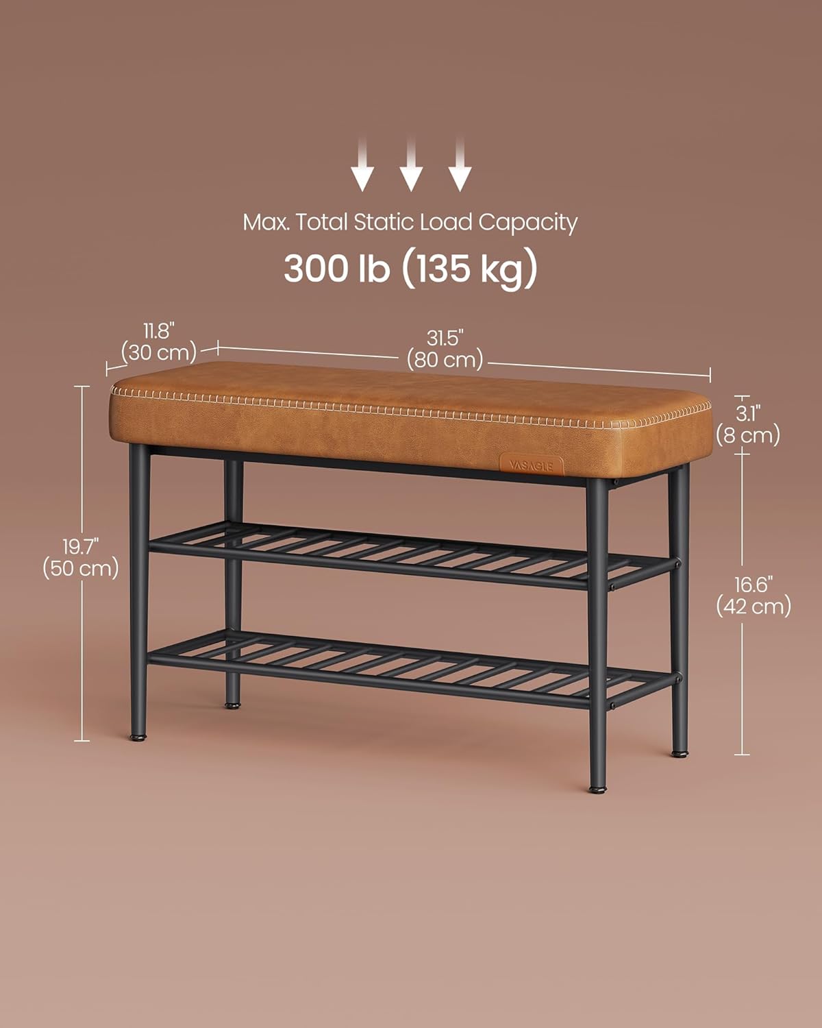 VASAGLE EKHO Collection - Shoe Rack Bench, Storage Bench for Entryway, Synthetic Leather with Stitching, Mid-Century Modern, Loads 300 lb, 11.8 x 31.5 x 19.7 Inches, Caramel Brown ULSB054K01