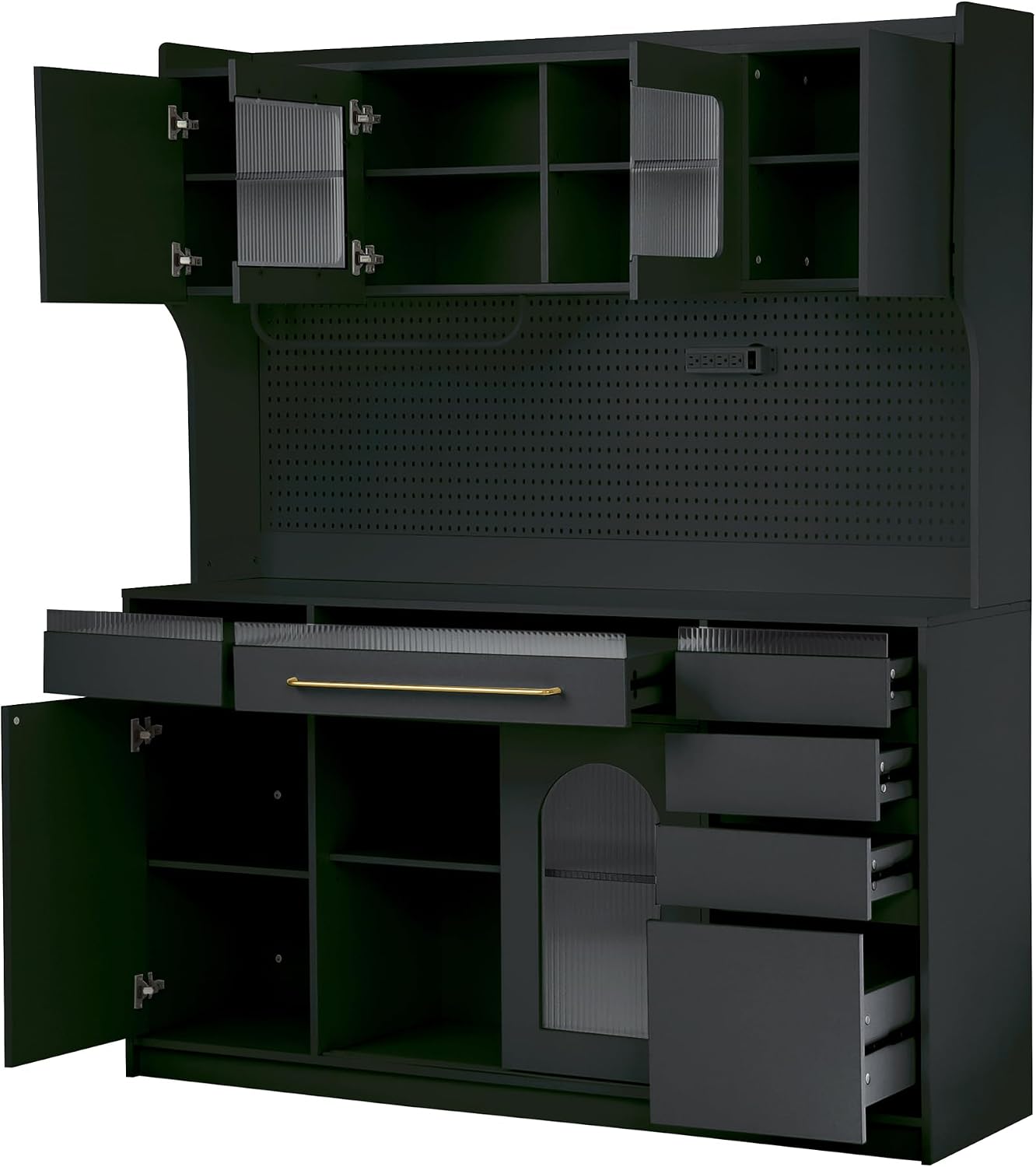 Freestanding Kitchen Pantry Cabinet with Hutch, Large Coffee Bar Storage Cabinet with Adjustable Shelves, Drawers, Pegboard, Towel Rack and Power Outlet (Black)