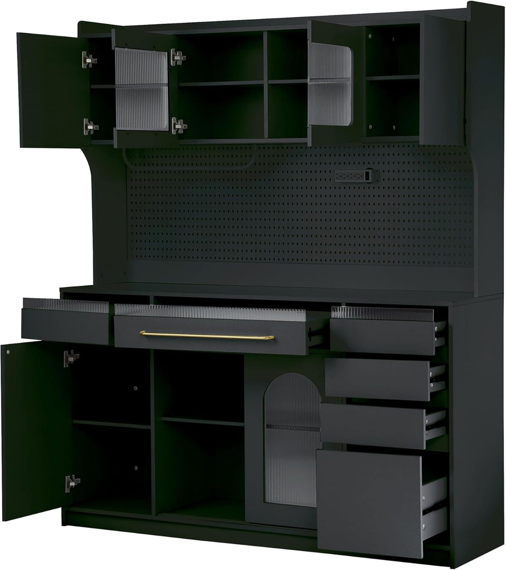Large Pantry Cabinet with Hutch and Adjustable Shelves, Freestanding Coffee Bar Storage Cabinet with Drawers, Pegboard and Power Outlet for Kitchen, Dining Room (Black)
