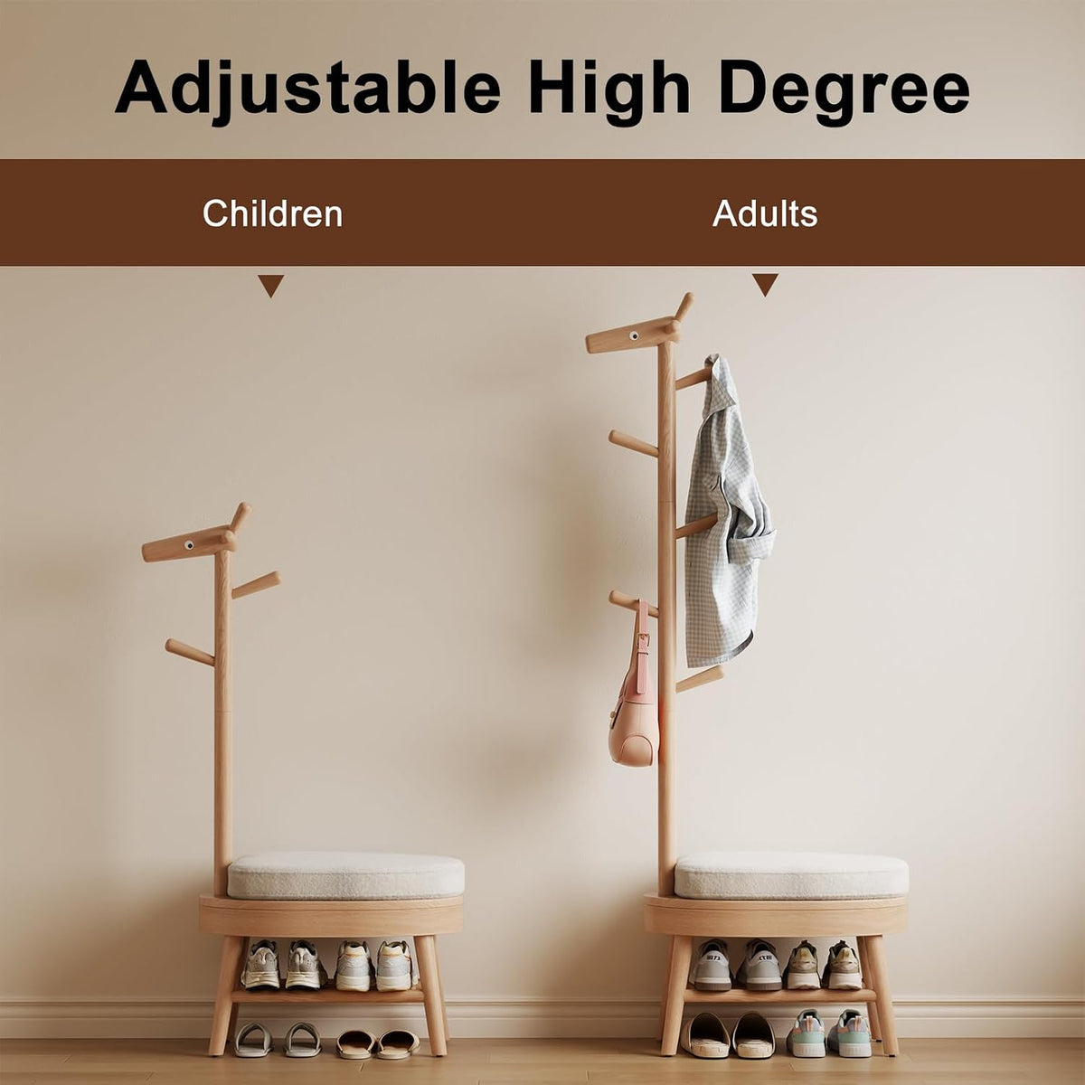 AQIMUELE Entryway Shoe Rack with Coat Rack, Wooden Shoe Bench with Upholstered Cushion, 3-in-1, 2-Tier Shoe Storage and Cute Animal Hooks for Entryway, Hallway, Closet (Natural 24.4")