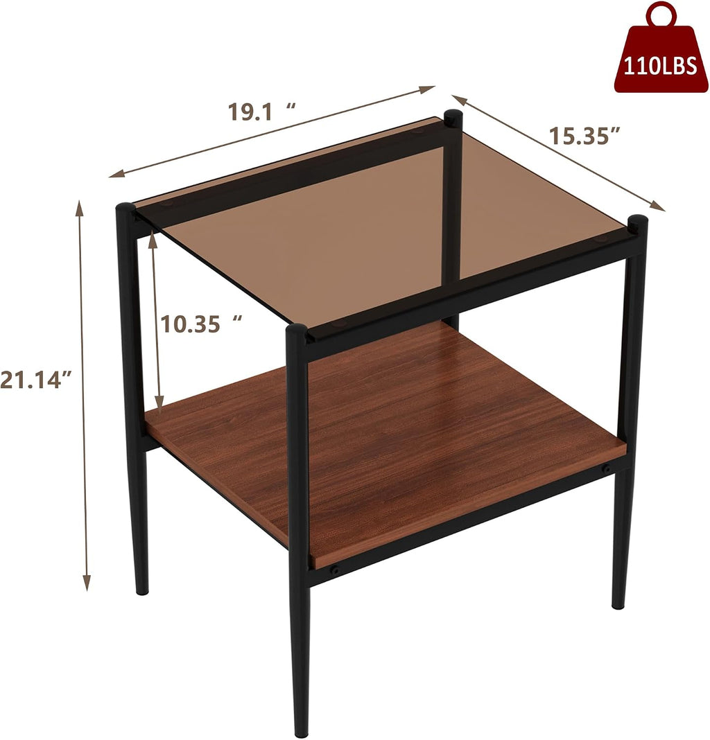 Glass End Table Set of 2, Rectangle Living Room Sofa Side Table, with BrownTempered Glass Tabletop,Black Iron Leg and Brown MDF Layer,for Living Room, Bedroom and Office, Brown