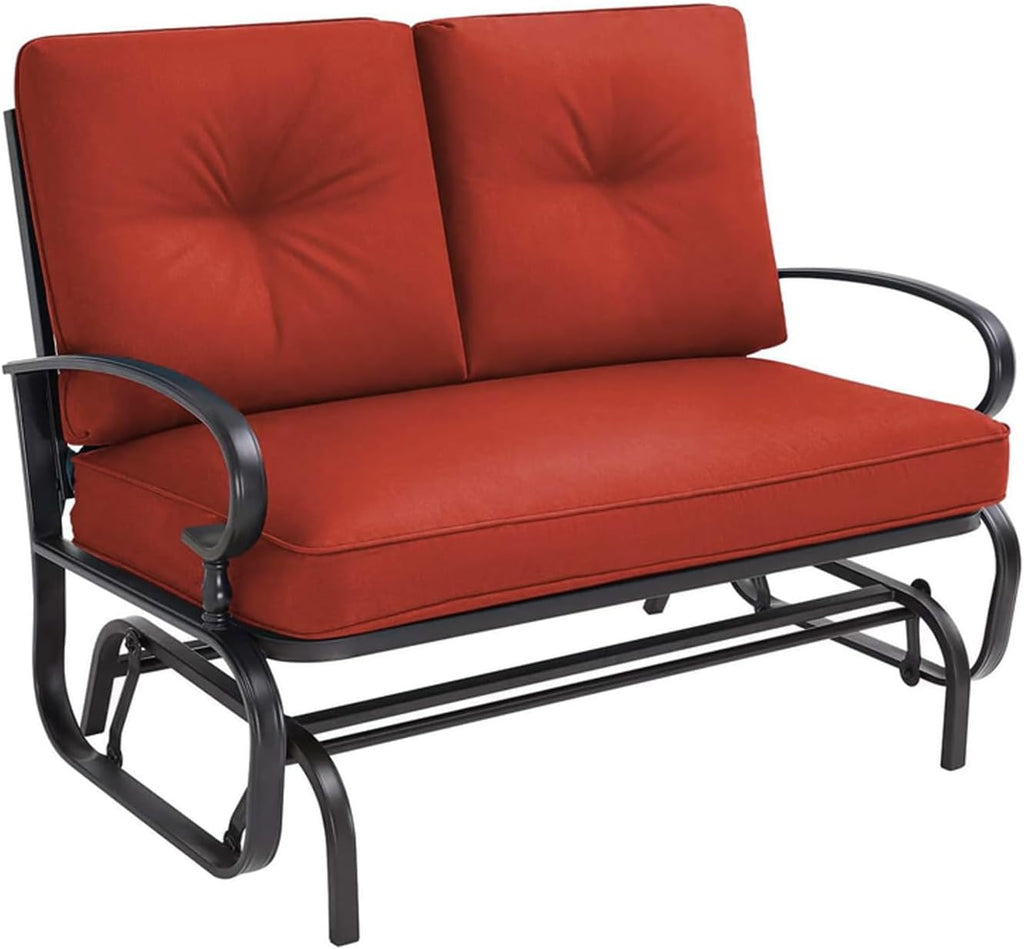 Crownland Outdoor Patio Glider Chair for 2-Person, Red | Wrought Iron Frame with Textilene Seat, Cushioned Loveseat, Smooth Gliding Bench for Porch, Garden, Backyard