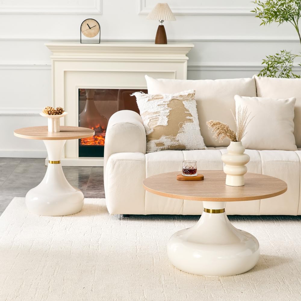 Affordable Luxury Gourd-Shaped Nesting Coffee Table Set. (Off White + Wood + MDF+Metal)