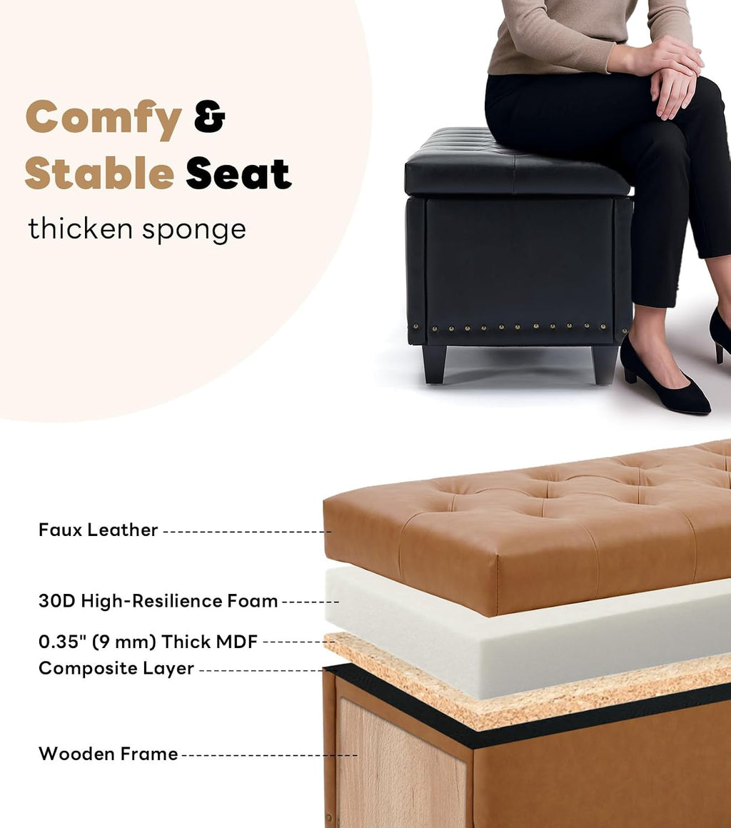 Tbfit 50.8" Ottoman with Storage, Button‑Tufted Bench with Safety Hinge and Rivets, Large End‑of‑Bed Storage Ottoman Bench for Bedroom, Living Room, Entryway, Camel PU