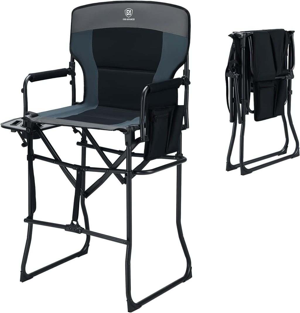 EVER ADVANCED Portable 30.7" Seat Height Tall Folding Camping Chair Directors Chair High Foldable Bar Stool with Side Table for Makeup Artist, Sports Event, Craft Show, Supports 350LBS