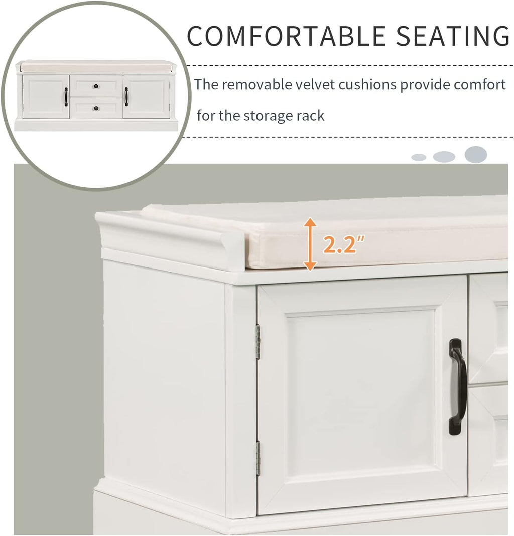 GDFStudio Jasd 42.50" Storage Bench with 2 Drawers and 2 Cabinets, Shoe Bench with Removable Cushion, Solid Wood Frame Storage Ottoman, Rectangular Cabinet Shoe Seat for Living Room Entryway, White