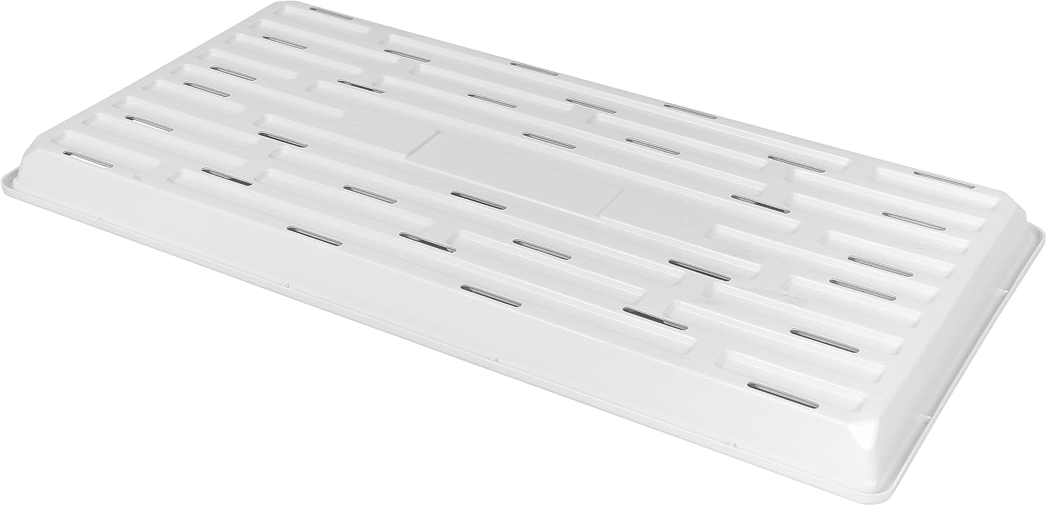 SUNPACK 10" x 20" Heavy Duty Shallow Plastic Seed Starting Tray, White, 1" (Pack of 10) - Lined with Drainage Holes for Excess Water and Aeration, Ideal for Greenhouses or Indoor Gardening