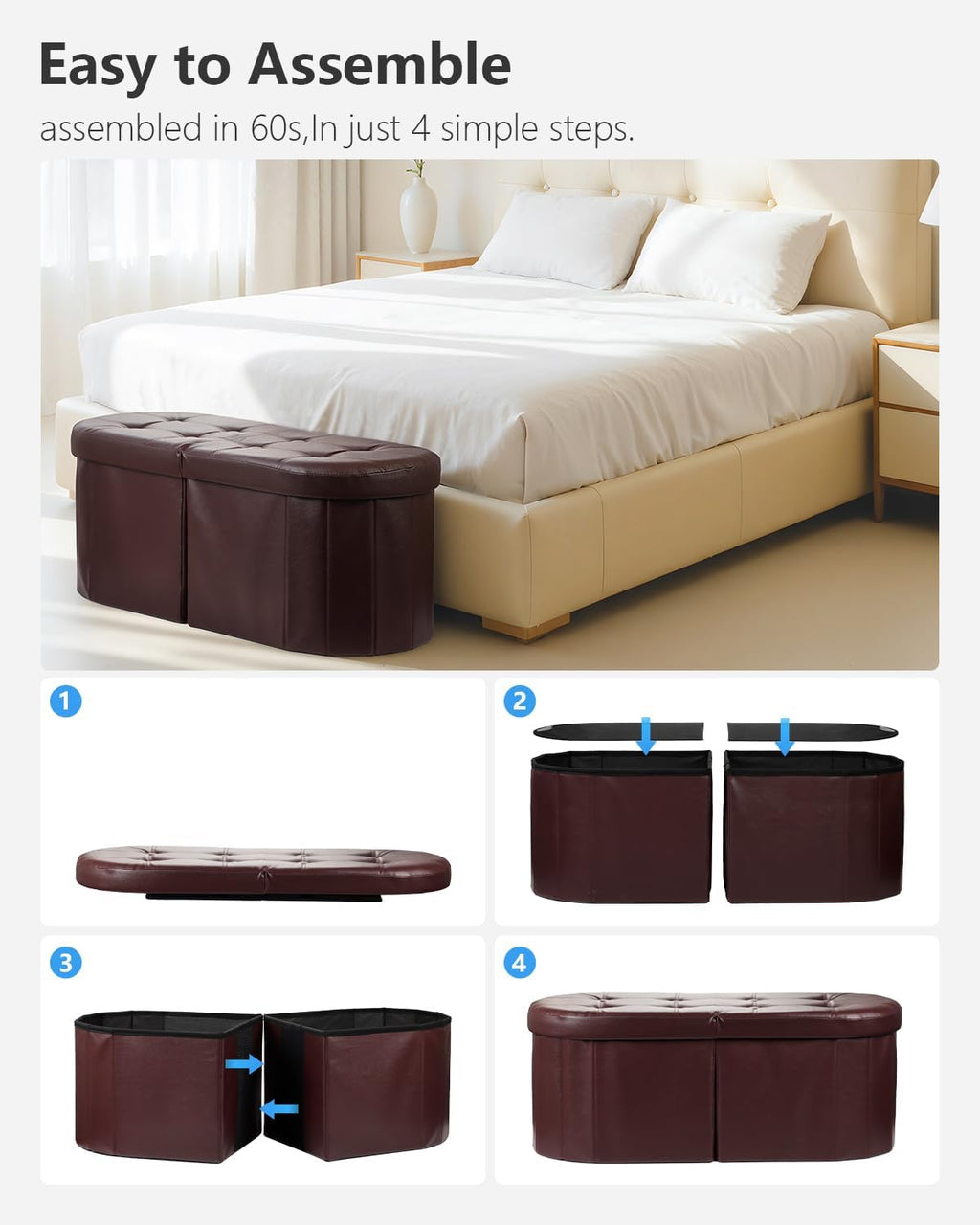 AmasSmile Storage Ottoman Bench, Foot Rest with Partitioned Storage in a Oval Design, Reinforced, End of Bed Storage Bench (Brown(Leather), 34"*13"*13"inch)