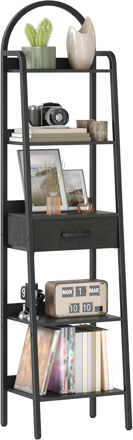 CHOEZON 5 Tier Ladder Shelf with Drawer, Tall Ladder Bookshelf, Standing Bookcase with Metal Frame for Living Room, Bathroom, Home Office, Study, Balcony, Black TCJ07BB