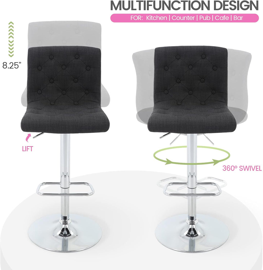 Brage Living Tufted Fabric Bar Stools Set of 2 with Back, Charcoal Black | Seat Height Adjusts 24.75"-33", Swivel Counter Height Barstools, Upholstered Airlift Bar Chairs for Kitchen Dining Cafe