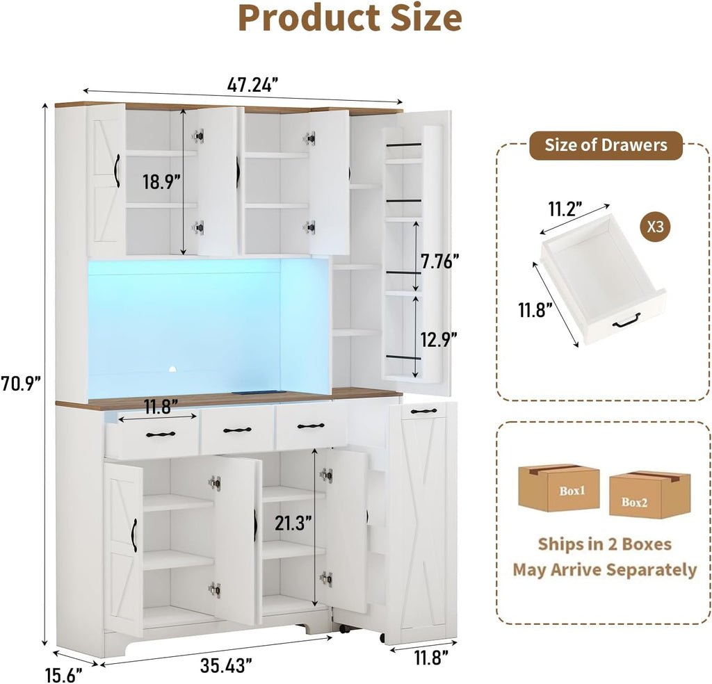 70.9" Tall Farmhouse Pantry Cabinet with Pull-Out Storage Cart & LED Lights, Modern Kitchen Storage Hutch with Charging Station, 9 Doors 3 Drawers Adjustable Shelves for Dining Living Room, White