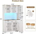 70.9" Tall Farmhouse Pantry Cabinet with Pull-Out Storage Cart & LED Lights, Modern Kitchen Storage Hutch with Charging Station, 9 Doors 3 Drawers Adjustable Shelves for Dining Living Room, White