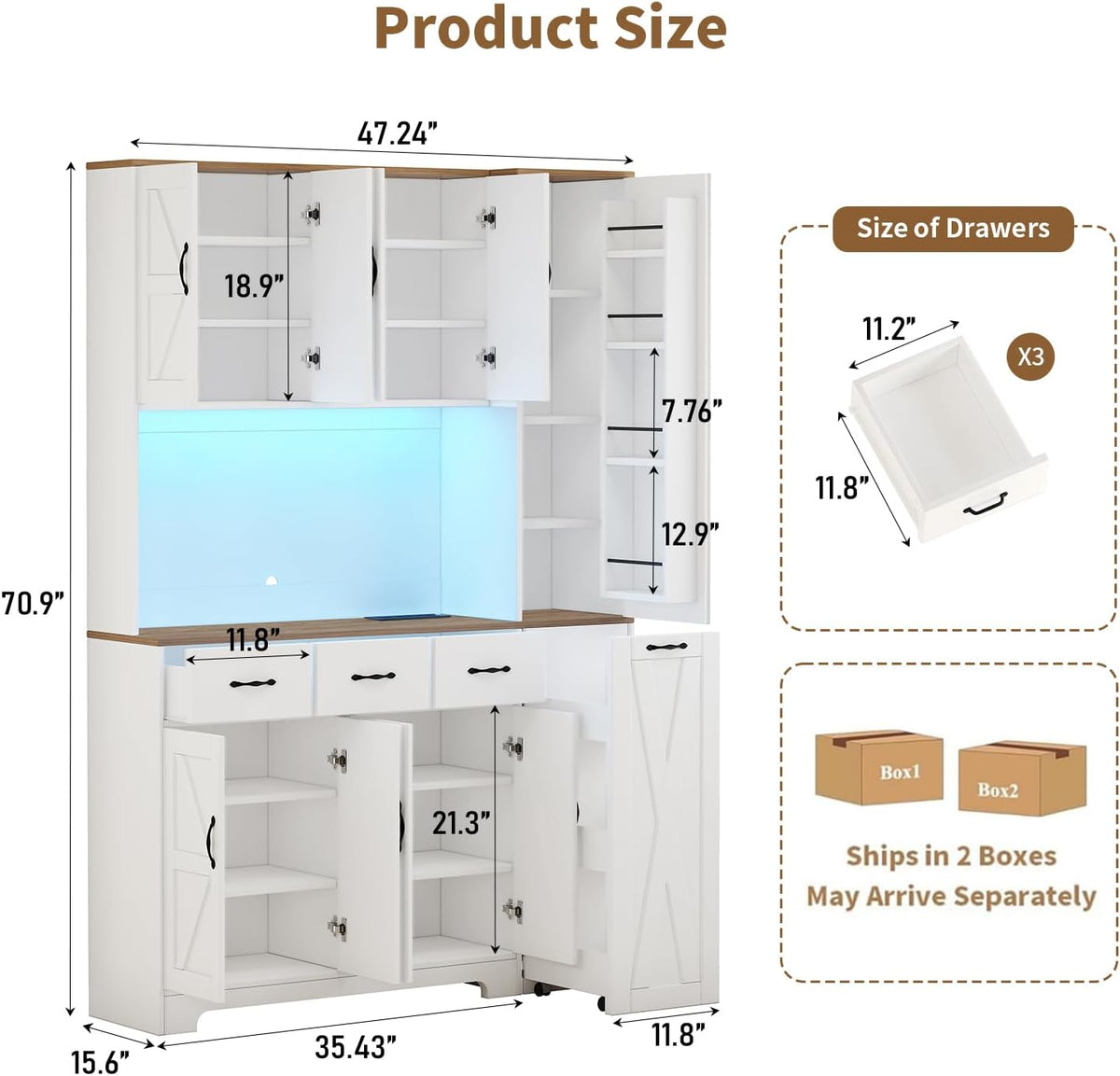 70.9" Tall Farmhouse Pantry Cabinet with Pull-Out Storage Cart & LED Lights, Modern Kitchen Storage Hutch with Charging Station, 9 Doors 3 Drawers Adjustable Shelves for Dining Living Room, White