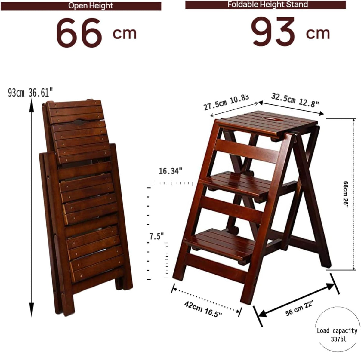 3 Step Stool Wooden Folding Ladder Chair Thickened Library Stair Chair Portable Light Garden Tool Ladder Maximum Load 337bl