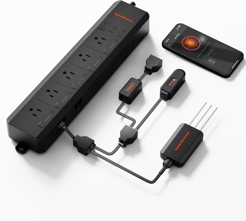 Spider Farmer GGS AC5 Power Strip Kits, 5 AC Smart APP-Based Controls Outlets, 3 in 1 Soil Sensor, Temp Humid Light Sensor, for Indoor Grow Tent and Room