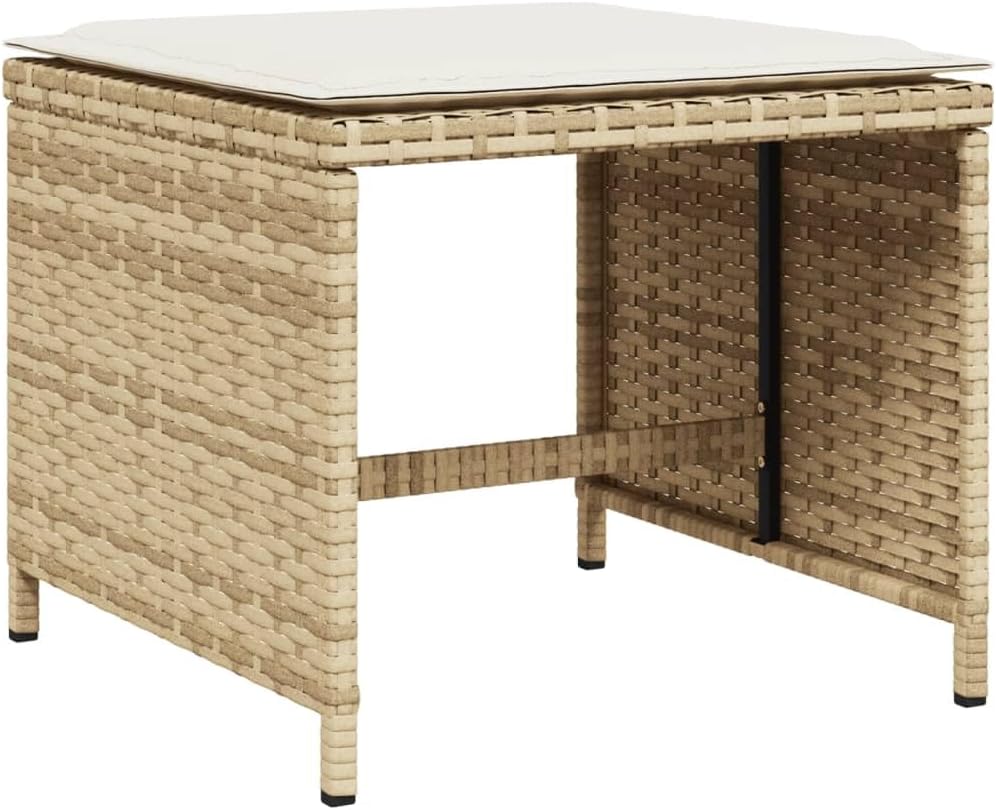 Weather Resistant Synthetic Rattan Patio Stool Set of 4 in Beige and Cream White, Compact Square Design 15.7x15.7x13.8 Inches for Outdoor Seating