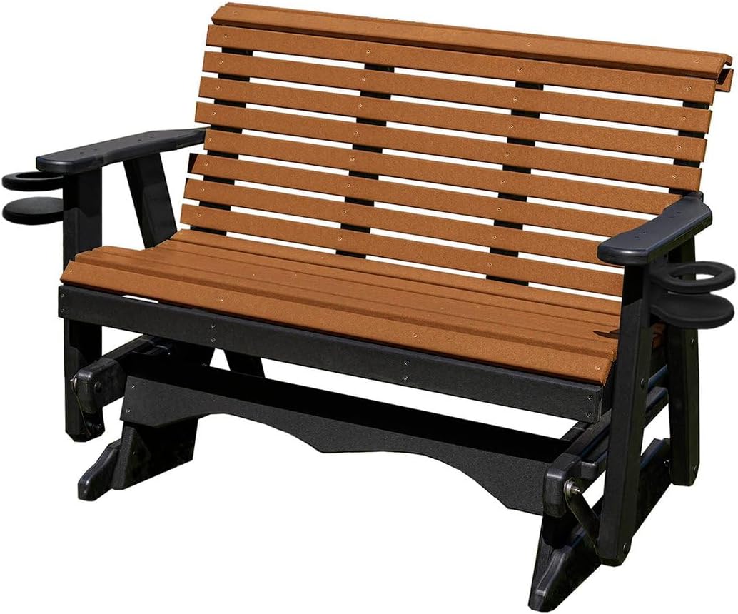5 FT Cedar Amish-Made Porch Glider – 1000 lb Heavy-Duty Poly Lumber wood Roll Back Glider – USA Crafted HDPE Outdoor Seating Furniture - Stainless Steel Hardware – Smooth, Quiet Glide - CupHolders