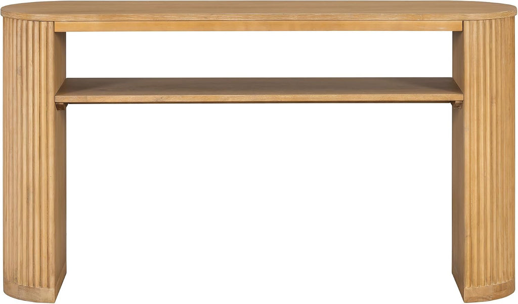 Vintage Farmhouse Console Table with Fluted Legs & Ash Veneer Top - Oval Entryway Sofa Table, Rustic Accent with Open Storage Shelf, Distressed Finish Options (Natural9)