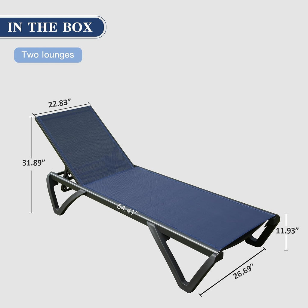 Domi Aluminum Pool Lounge Chair Outdoor Set of 2 Chaise Lounge Outdoor | Wheels, Adjustable, Textilene, Navy Blue, All Weather, Poolside, Backyard, Patio, Deck, Outside