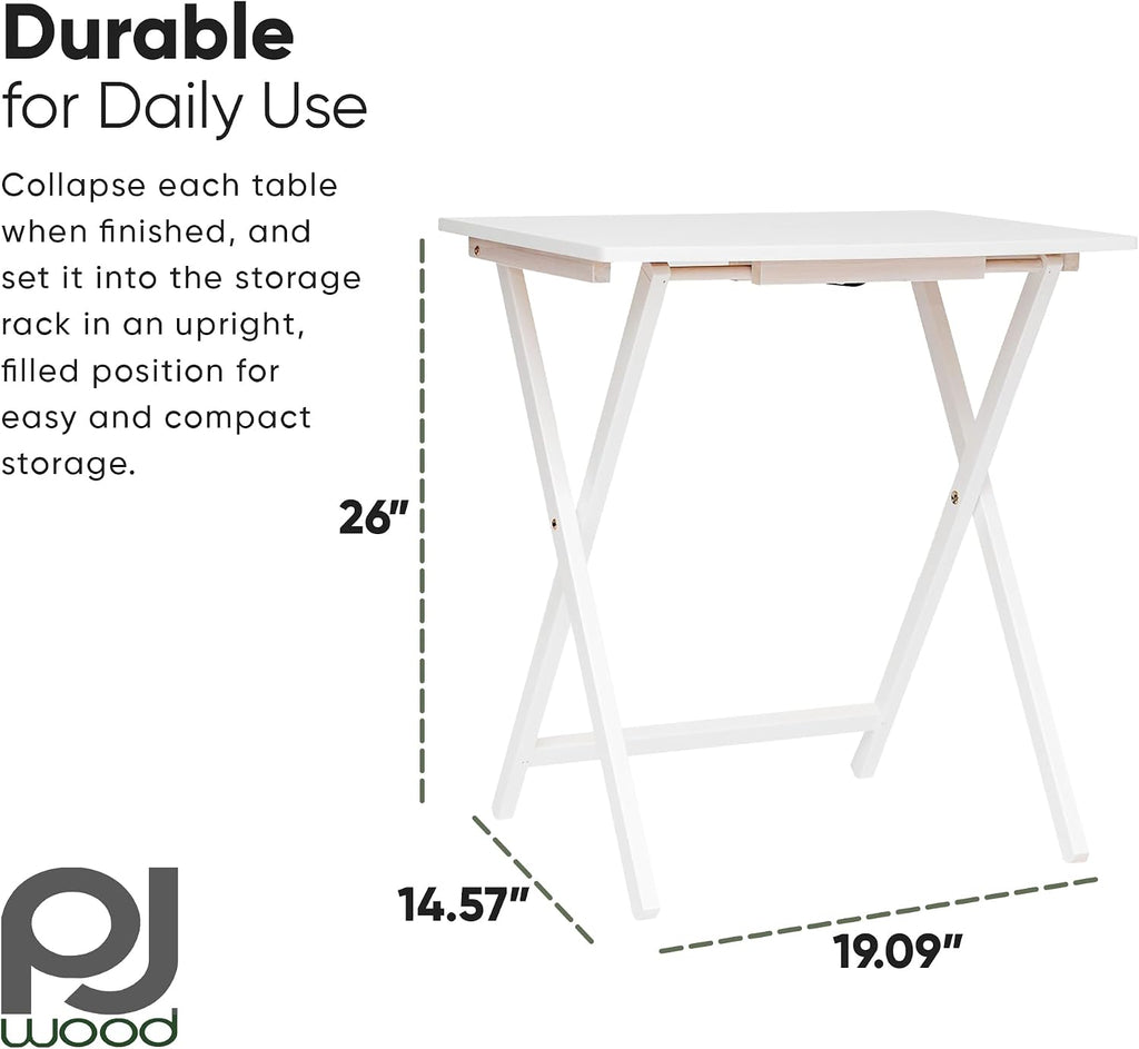 PJ Wood - 5 Pack XL TV Tray Tables - White Wood Set | Large Size, Rectangular Shape, Modern Style, Foldable Design, 33.2 lb Capacity Each, Small Space Storage