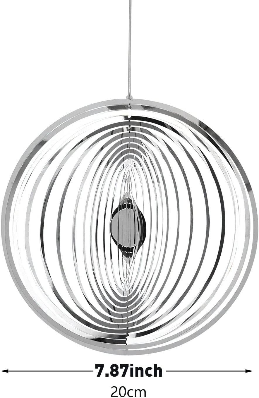 Hanging Wind Spinner Outdoor Metal Decorations, Silver Wind Spinners for Yard and Garden,3D Mirror Stainless Steel Wind Sculptur Chime Indoor Outdoor Garden Decoration Worth Gift （Round）