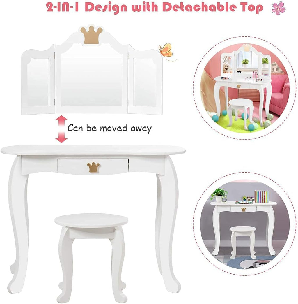 HONEY JOY Kids Vanity, Crown Themed Toddler Dressing Makeup Table and Chair Set w/Drawer & Tri-Folding Mirror, Detachable Mirror, Princess Pretend Play Girls Vanity Set with Mirror and Stool(White)