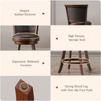 Bar Stools Set of 2, Farmhouse 24" Counter Height Barstools, Brown | Upholstered Leather Cushion&Backrest, Solid Wood Legs & Footrest, 360-degree Swivel Seat
