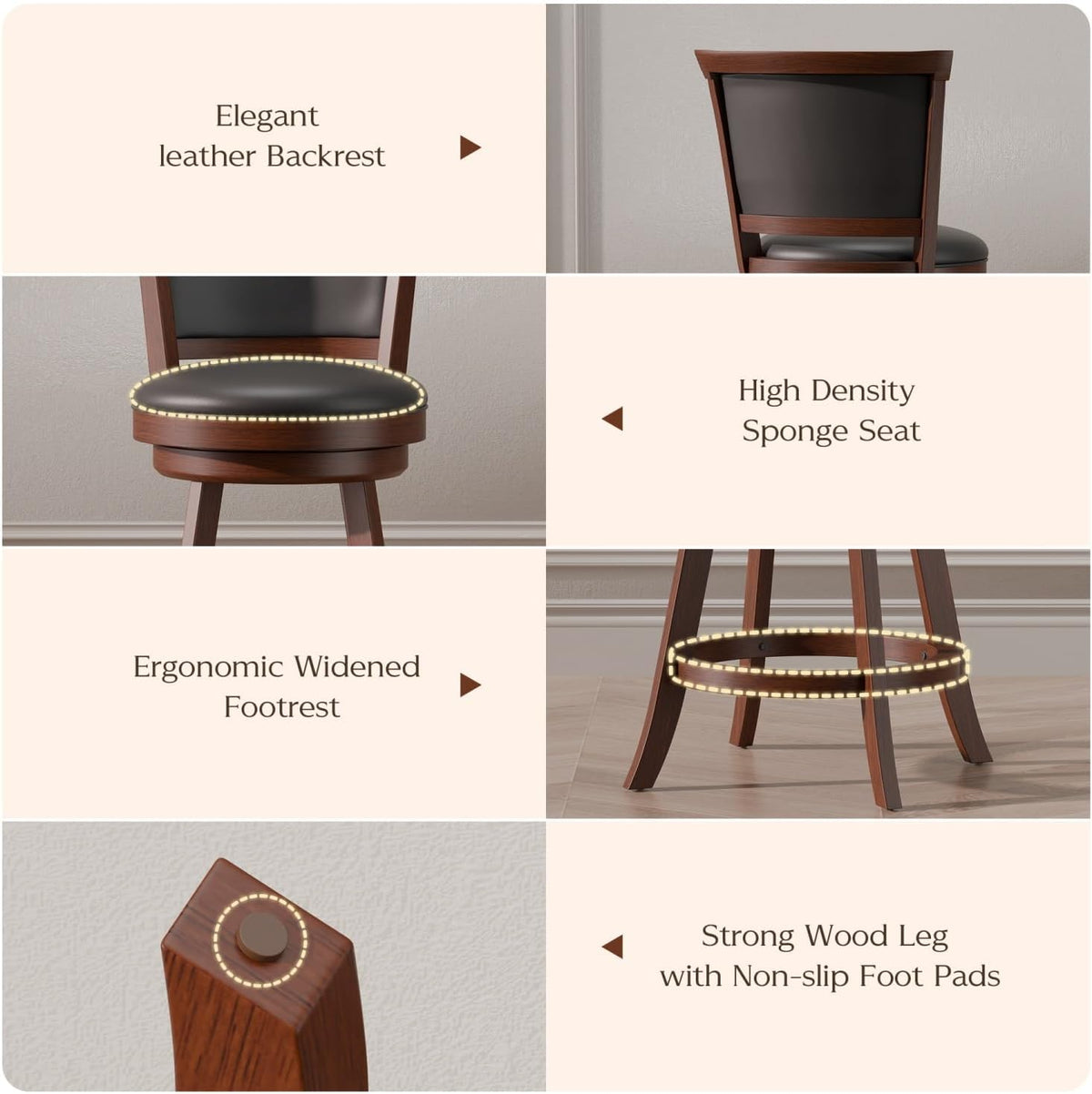 Bar Stools Set of 2, Farmhouse 24" Counter Height Barstools, Brown | Upholstered Leather Cushion&Backrest, Solid Wood Legs & Footrest, 360-degree Swivel Seat