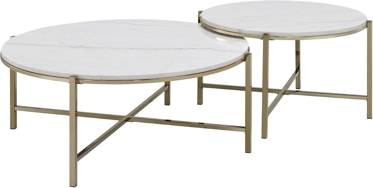 Marble Top & Nickel Finish Nesting Table Set with White | Luxurious 2-piece nesting table set with natural marble tops and nickel finish