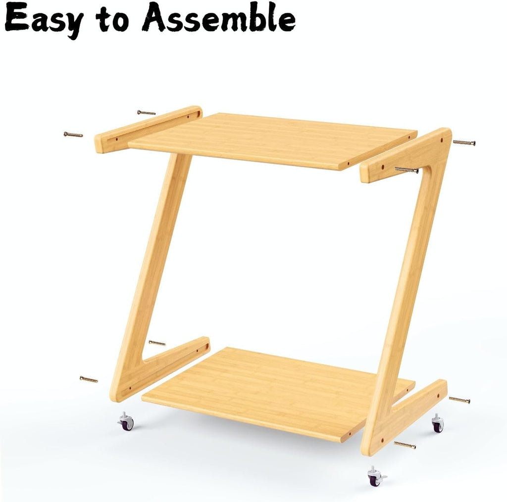 Auroral Zone Solid Wood Rolling Side Table with 2 Tiers, Mobile Z-Frame Snack Cart Or Coffee Table for Living Room, Bedroom & Sofa Use, Easy to Move