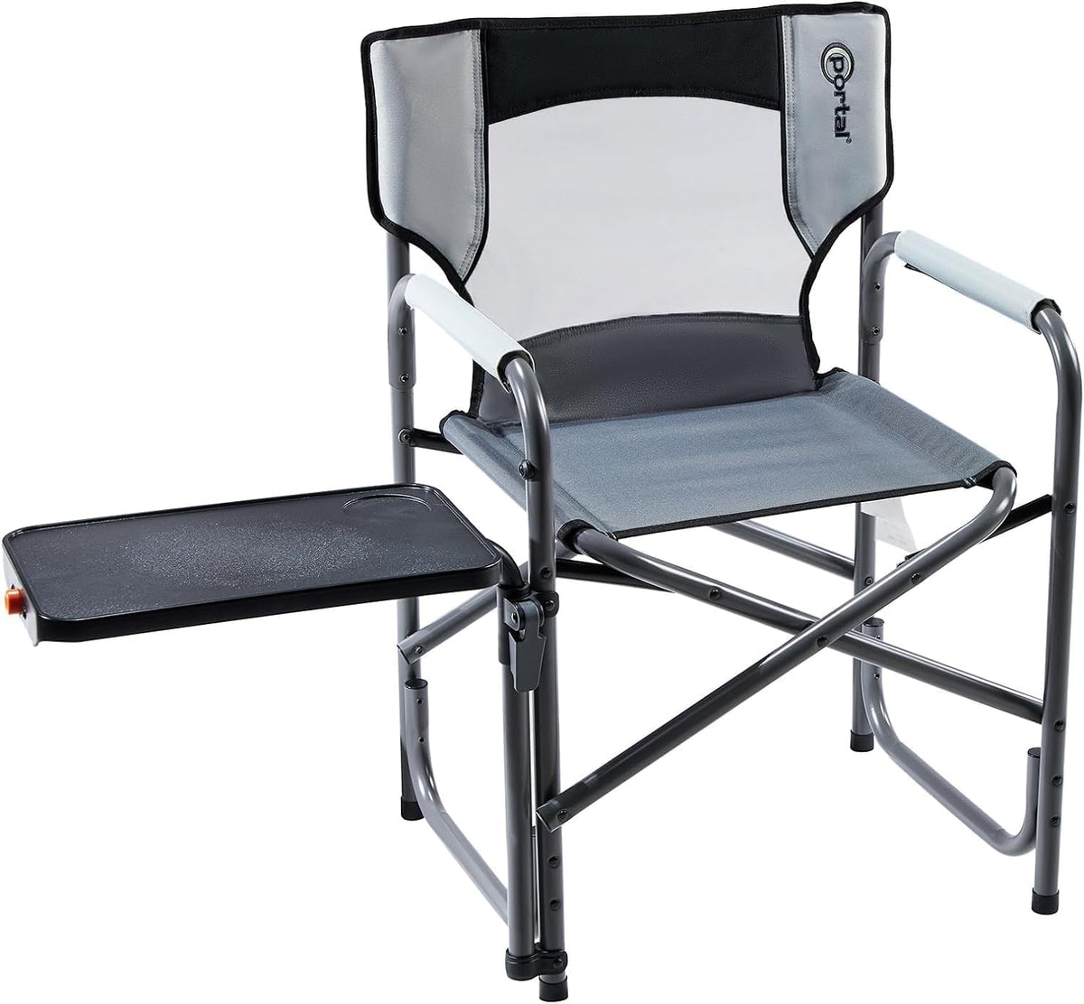 Portal Director Camping Chair with 2-Way Rotating Side Table, 300 lb, Gray | Height-Adjustable Swivel Tray with Cup Holder, Breathable Mesh Back, Portable for Camping, Tailgating, Lawn and RV Travel
