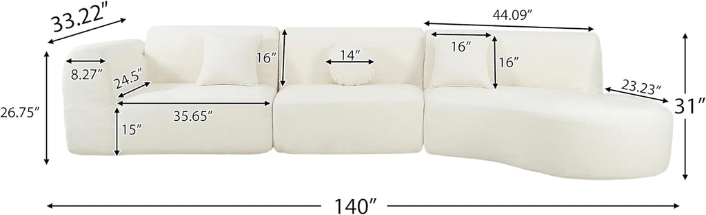 Merax 140" Curved Polyester Sectional Sofa Set, Modern Cloud Couch with Chaise Lounge & 3 Pillows, Fully Assembled for Living Room, Beige
