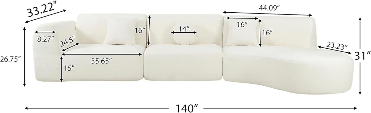 Merax 140" Curved Polyester Sectional Sofa Set, Modern Cloud Couch with Chaise Lounge & 3 Pillows, Fully Assembled for Living Room, Beige