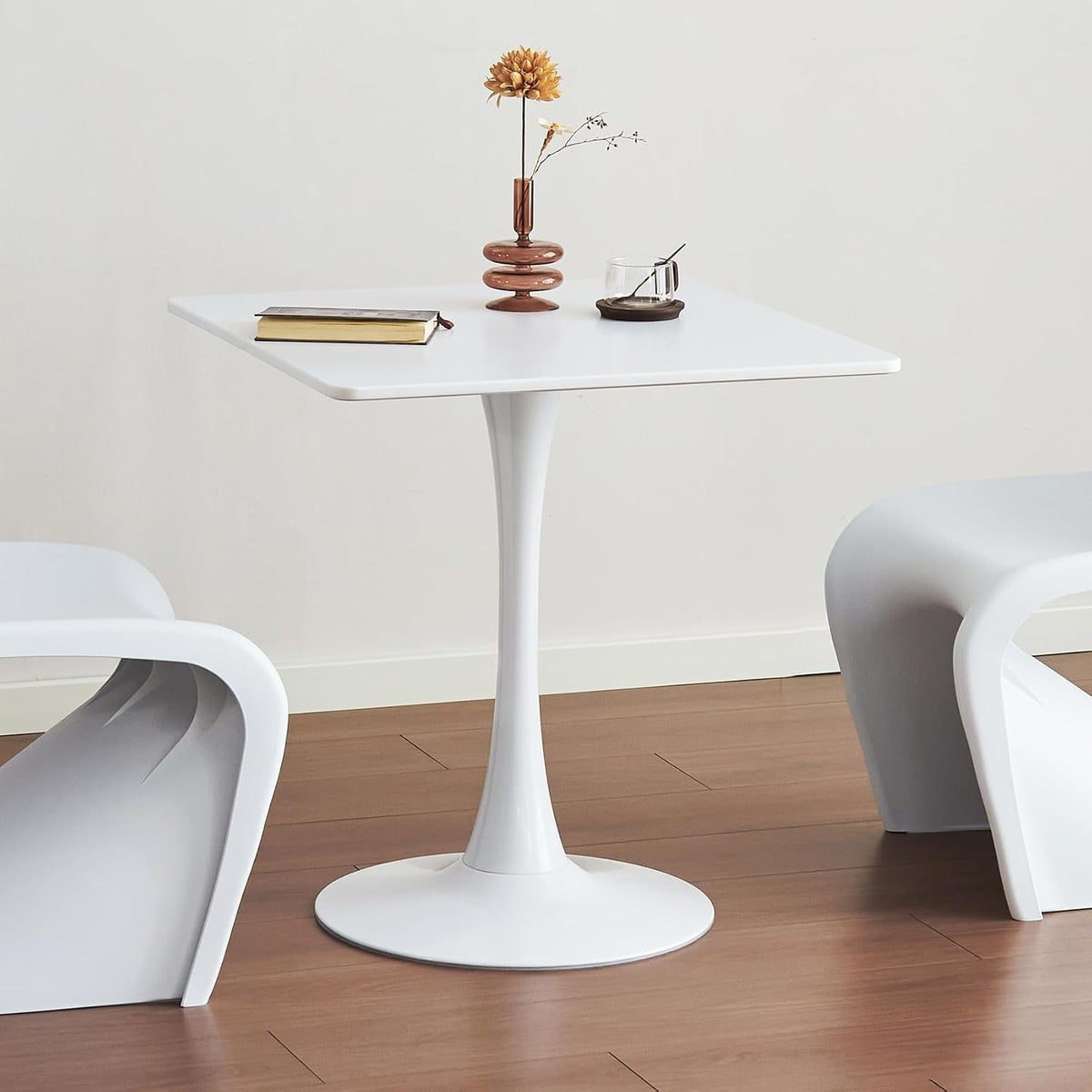 Square Dining Tulip Table for 4, Mid-Century Modern Table with Sturdy Metal Pedestal for Kitchen, Bistro, Cafe, Leisure (White, 27.6 INCH)