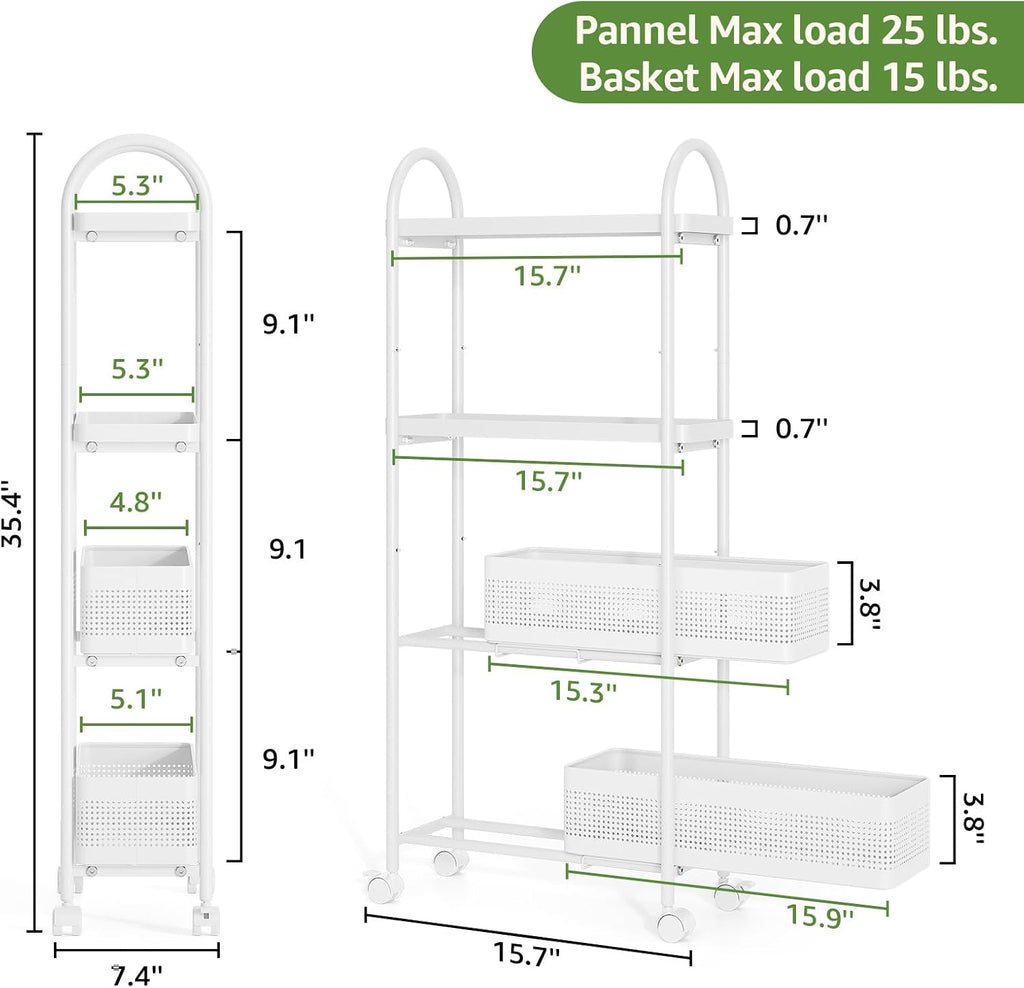 KINGRACK 4 Tier Slim Rolling Cart with Drawer, Metal Utility Storage Cart | 2 Pull-out Baskets, Lockable Wheels, Narrow Space Trolley Organizer for Bathroom, Kitchen, Office, Dorm, Laundry Room, White