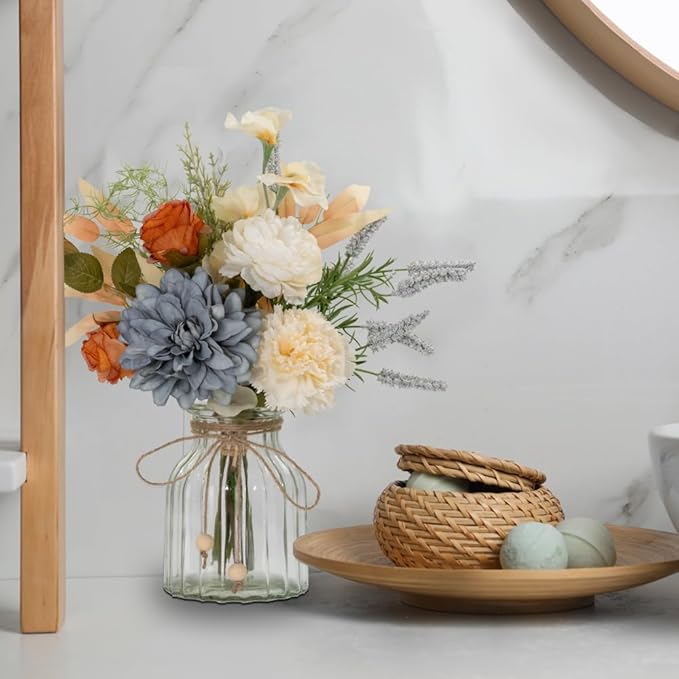 LESING Dahlia Flower Aritificial Flower with Vase Fake Silk Flowers in Glass Vase Faux Rose Flowers Arrangement for Home Office Table Centerpiece Decoration (Blue)