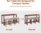 59" Dining Bar Table Set with Power Outlet, Behind Couch Sofa Table with 3 Padded Stools, 4 Piece Bar Table and Chairs Set for Living Room, Dining Room, Cherry