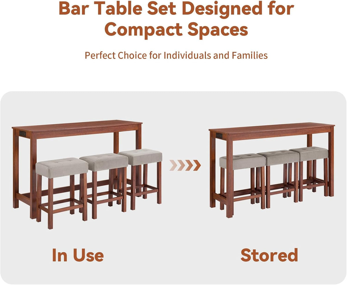 59" Dining Bar Table Set with Power Outlet, Behind Couch Sofa Table with 3 Padded Stools, 4 Piece Bar Table and Chairs Set for Living Room, Dining Room, Cherry