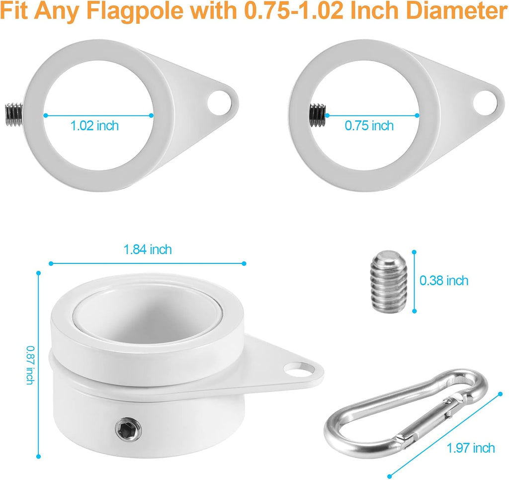 1" White Flag Pole Rings, 2 Pcs Anti Wrap Aluminum Alloy Flag Pole Clips Swivels, 360° Rotating Flagpole Flag Mounting Rings, Spinning Flag Pole Kit for 0.75-1.02" Diameter (1 Inch, White)