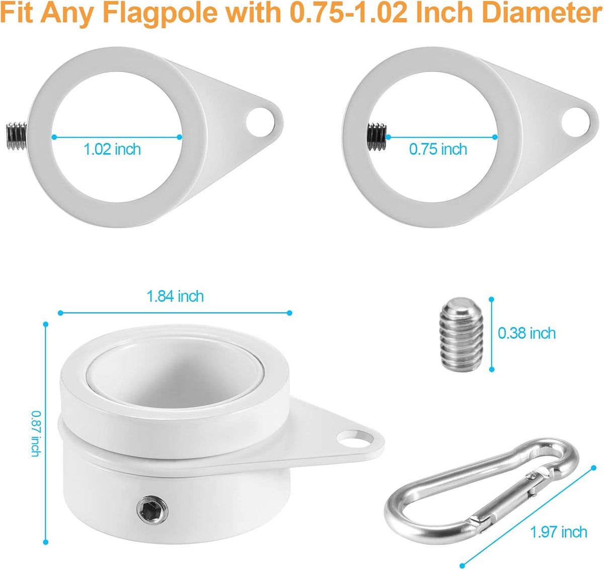 1" White Flag Pole Rings, 2 Pcs Anti Wrap Aluminum Alloy Flag Pole Clips Swivels, 360° Rotating Flagpole Flag Mounting Rings, Spinning Flag Pole Kit for 0.75-1.02" Diameter (1 Inch, White)