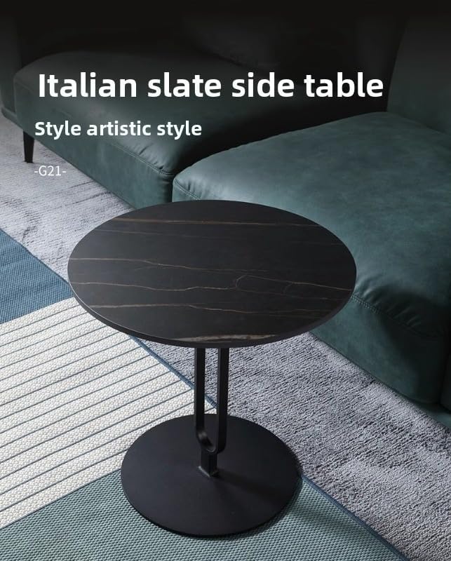 Elegant Round Side Table with Slate Top and Carbon Steel Base - Perfect for Living Rooms, Balconies, and Bedrooms (Diameter 40CM [Black Gold + Black Rack])