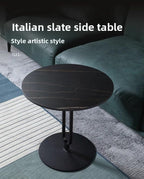 Elegant Round Side Table with Slate Top and Carbon Steel Base - Perfect for Living Rooms, Balconies, and Bedrooms (Diameter 40CM [Black Gold + Black Rack])