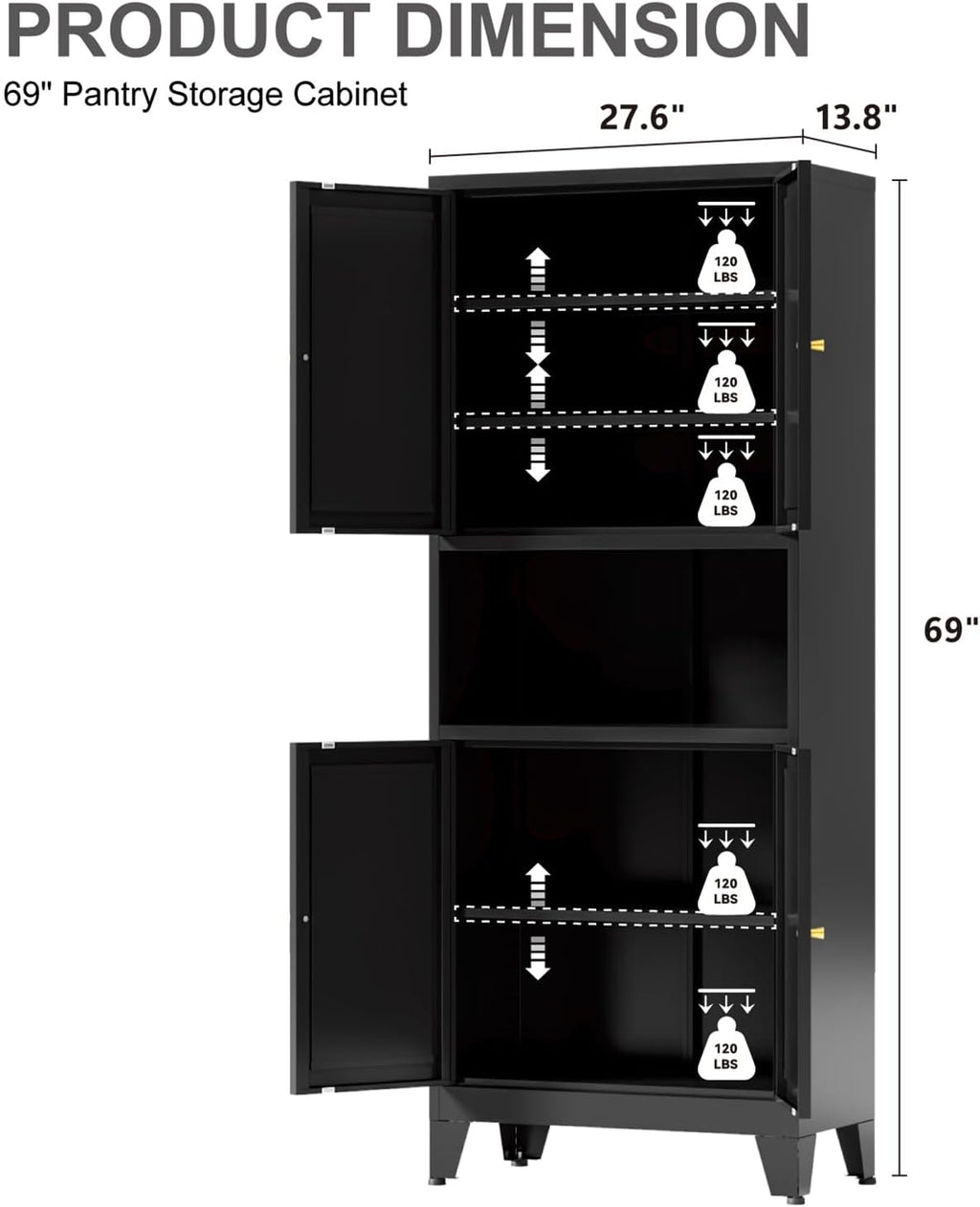 Metal Kitchen Pantry Cabinet, 69" Tall Black Storage Cabinet with 4 Doors and 3 Adjustable Shelves, Freestanding Cupboards with Microwave Stand for Dining Room, Living Room, Bathroom