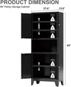 Metal Kitchen Pantry Cabinet, 69" Tall Black Storage Cabinet with 4 Doors and 3 Adjustable Shelves, Freestanding Cupboards with Microwave Stand for Dining Room, Living Room, Bathroom